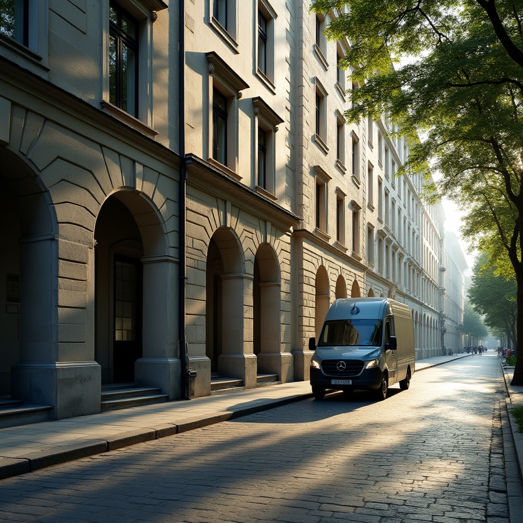 The dispatch office building facade on a tree-lined Bucharest street with a delivery van parked outside in morning light