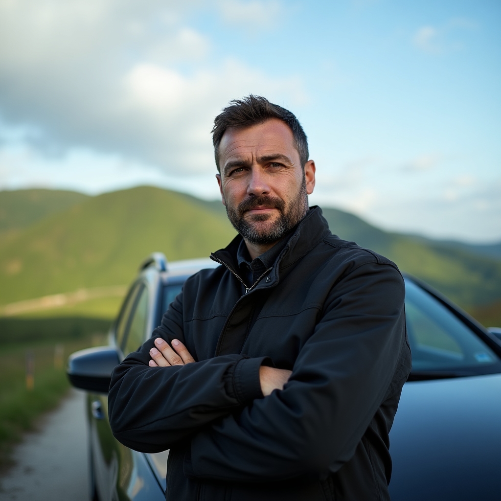 A driver standing beside a delivery car on a highway overlook with the hills near Cluj in the background