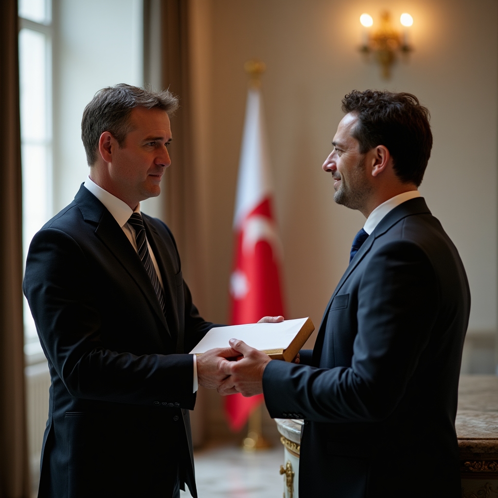 A courier delivering a sealed diplomatic pouch to an embassy staff member at a reception desk with a national flag visible