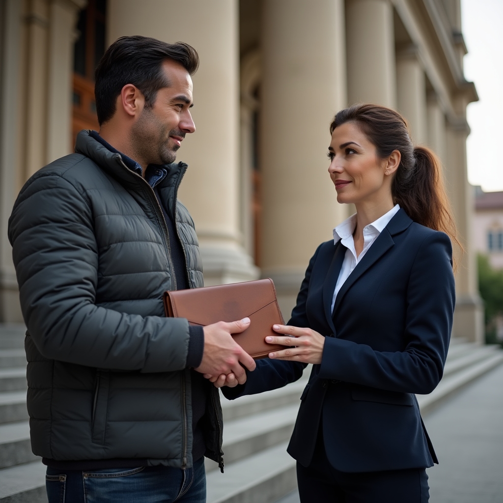 Courier in a charcoal jacket handing a sealed document pouch to a client outside a government building in Bucharest
