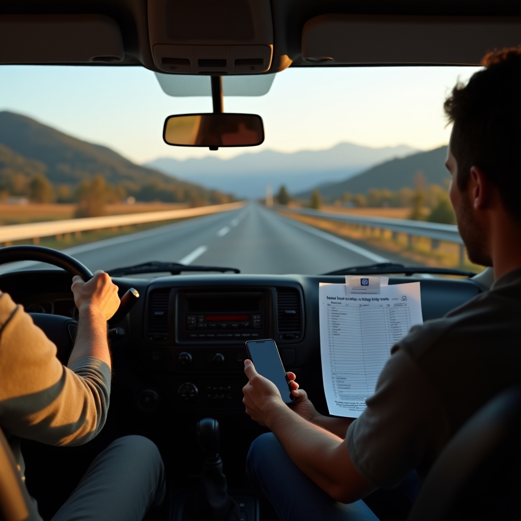 View from a delivery van dashboard showing a paper route sheet on the passenger seat and a highway stretching toward distant mountains