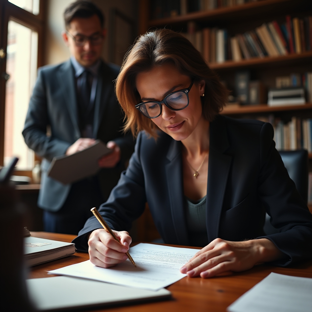 A notary stamping a document at her desk while a courier waits nearby holding a sealed pouch